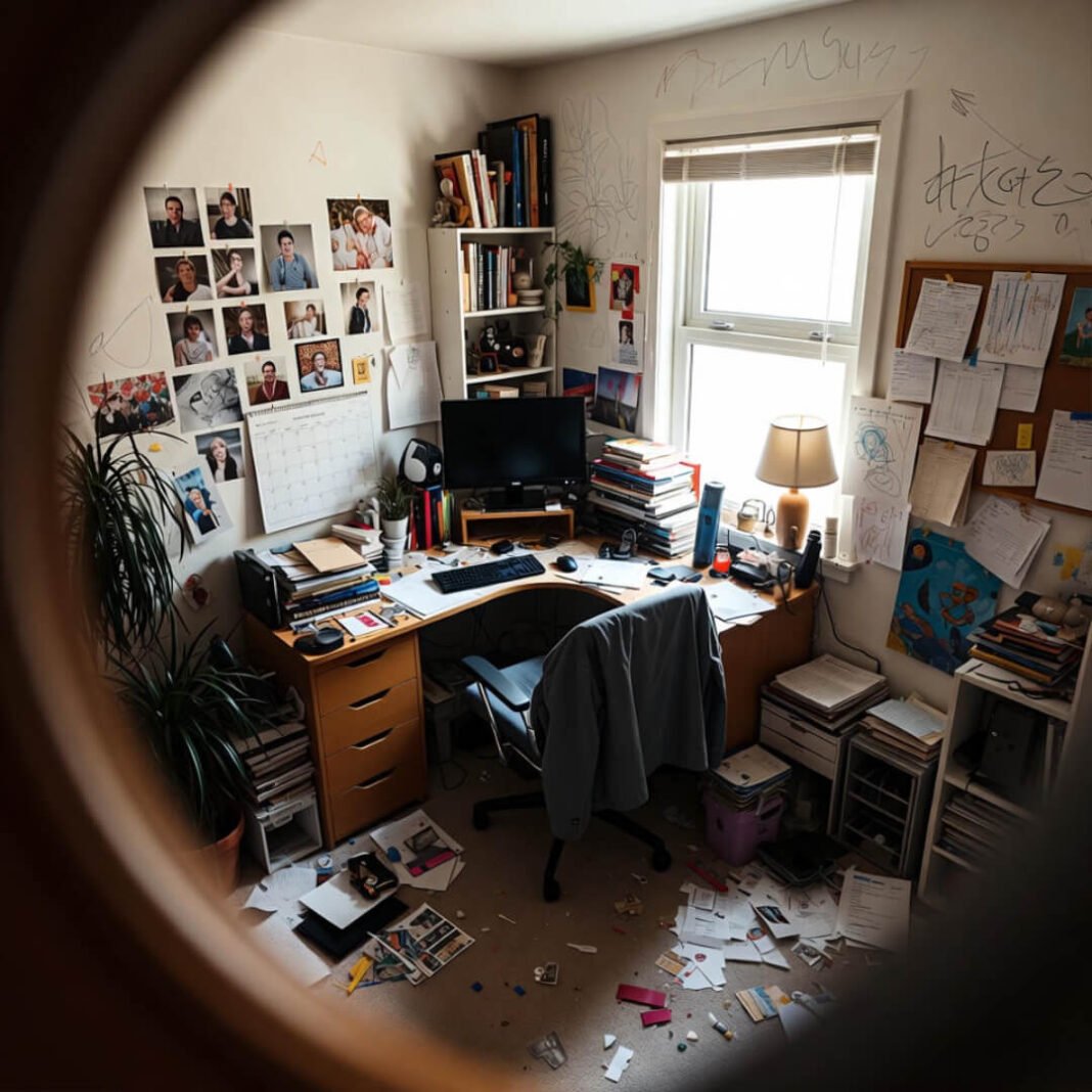 Chaotic home office mess from kid's sneaky view.