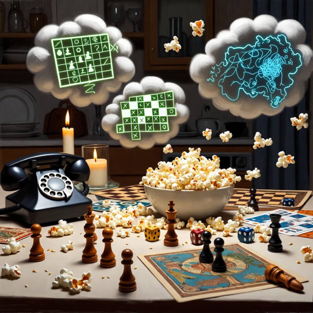 Messy game night table chaos.