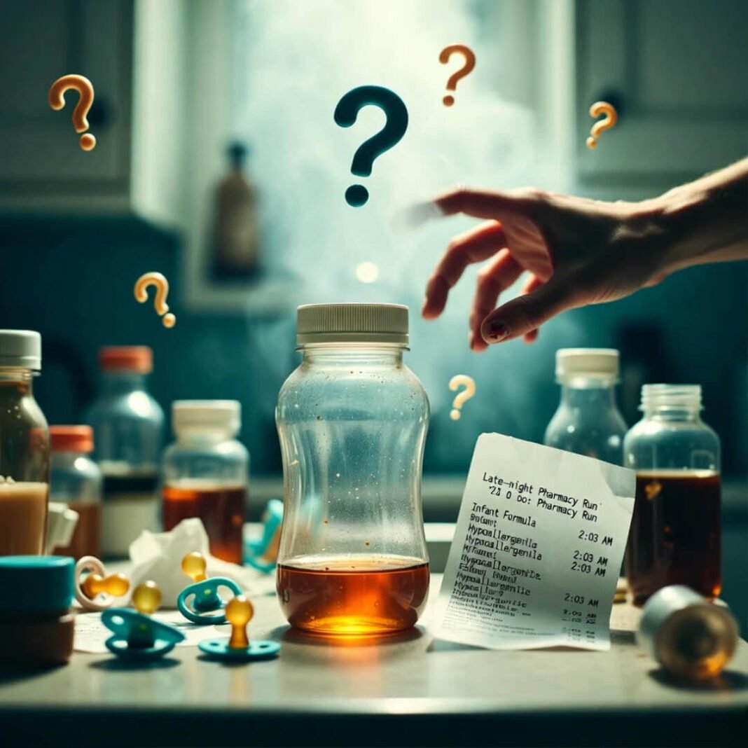 Tipped formula bottle, receipt, hand, question pacifiers.