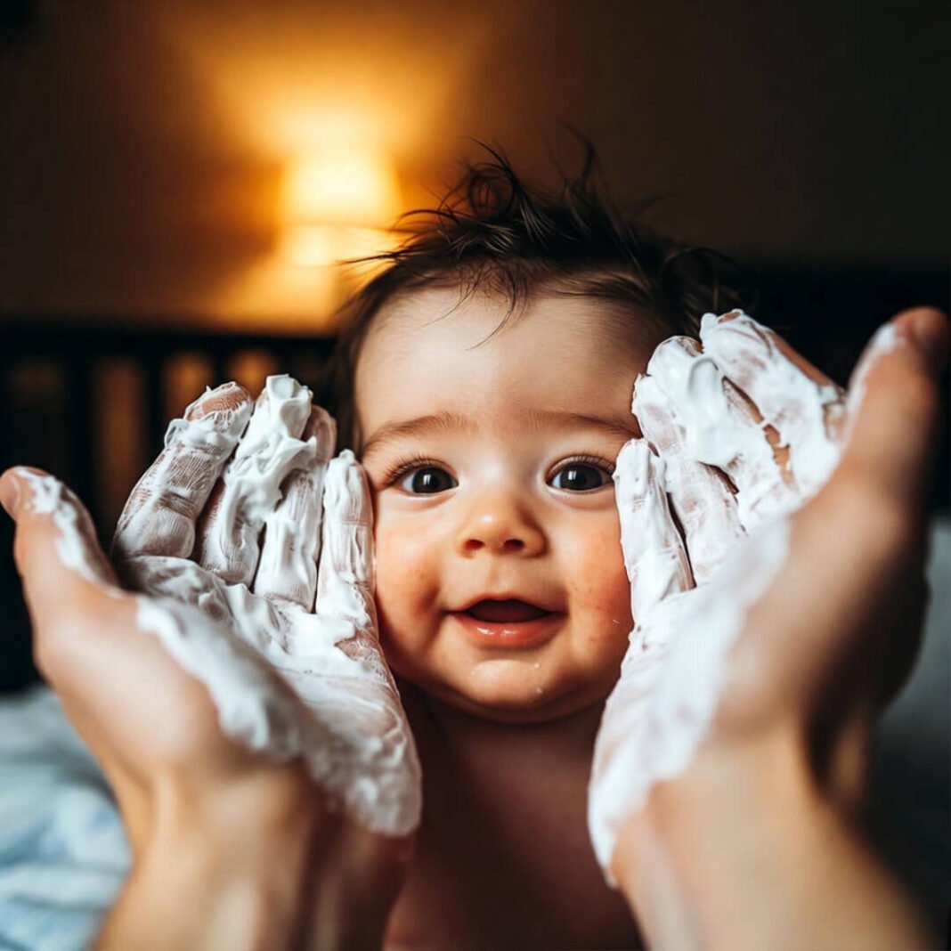 Giggling baby, cream-covered hands, midnight chaos.