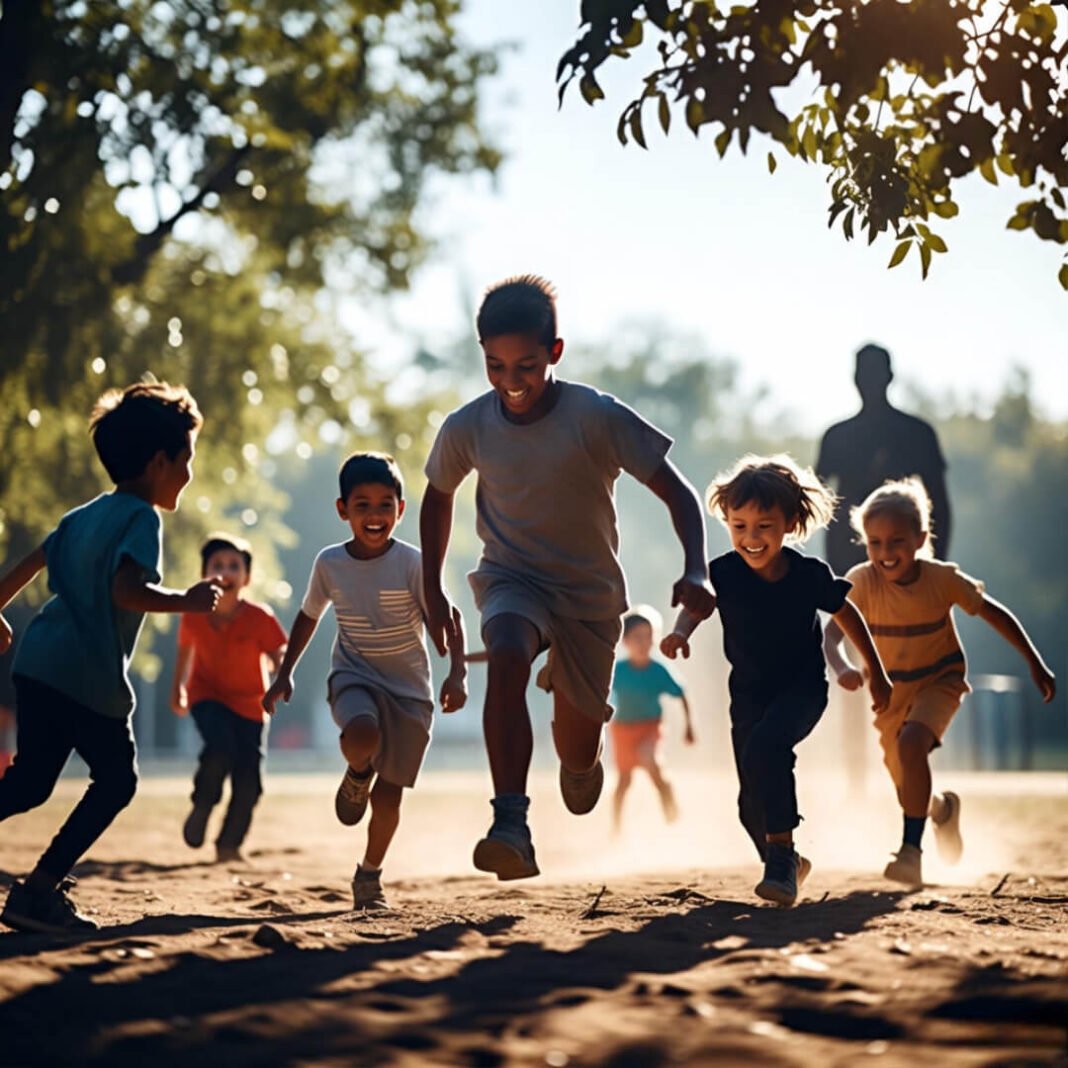 Kids running wild outdoors, low-angle joy.