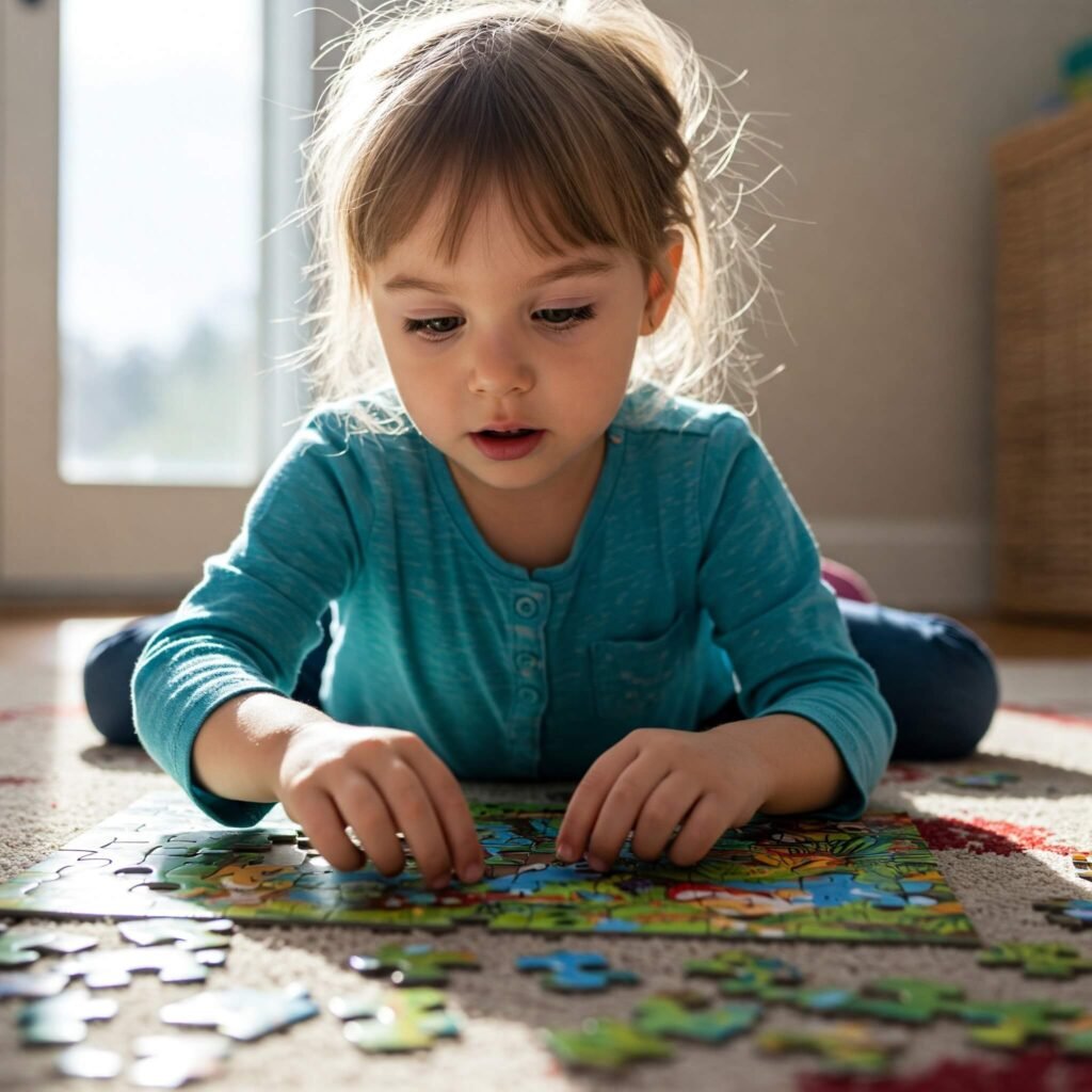 Child solving colorful puzzle