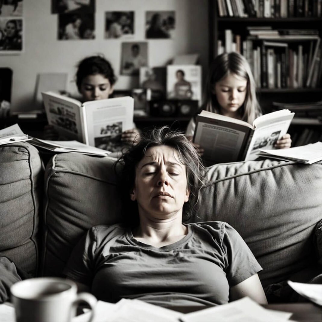 Exhausted parent watches kids read bilingual books.