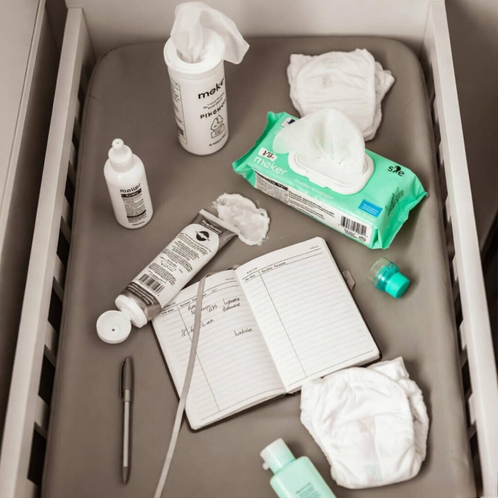 Chaotic changing table, smudged cream.