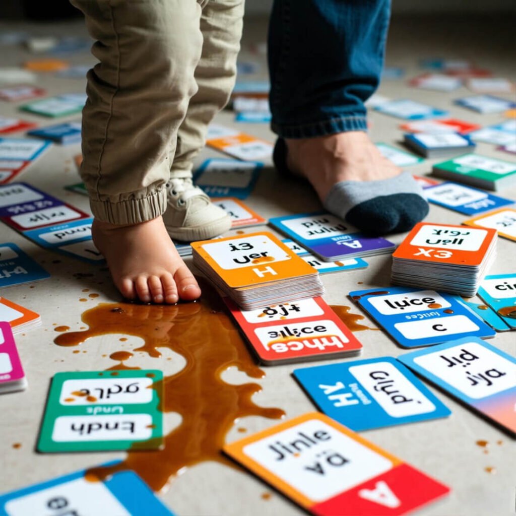 Juice spill chaos on bilingual flashcards.