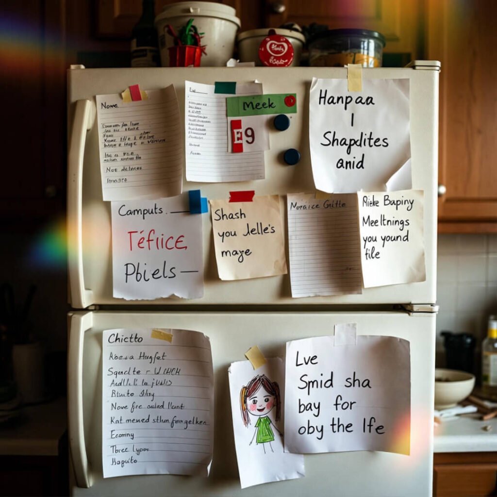 Fridge with kid-made bilingual labels.