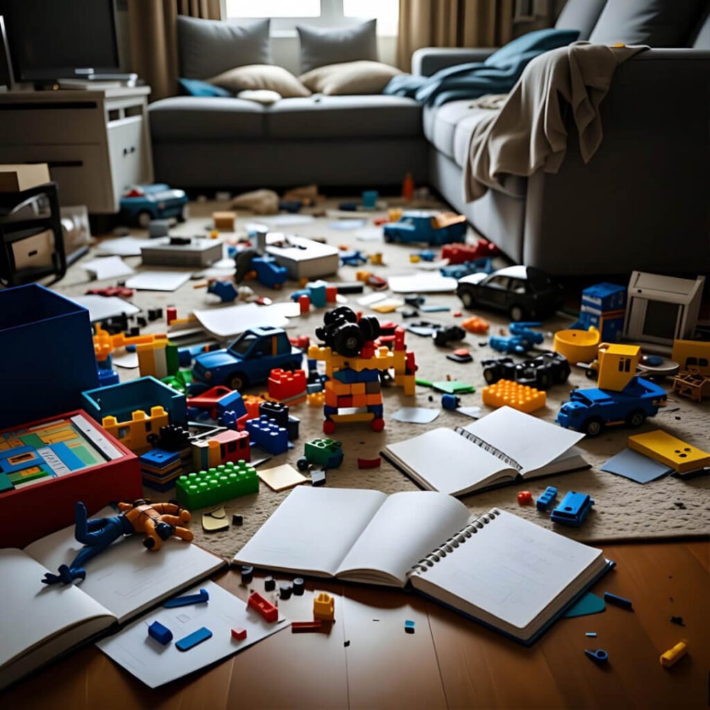 Living room battlefield of toys and notebooks