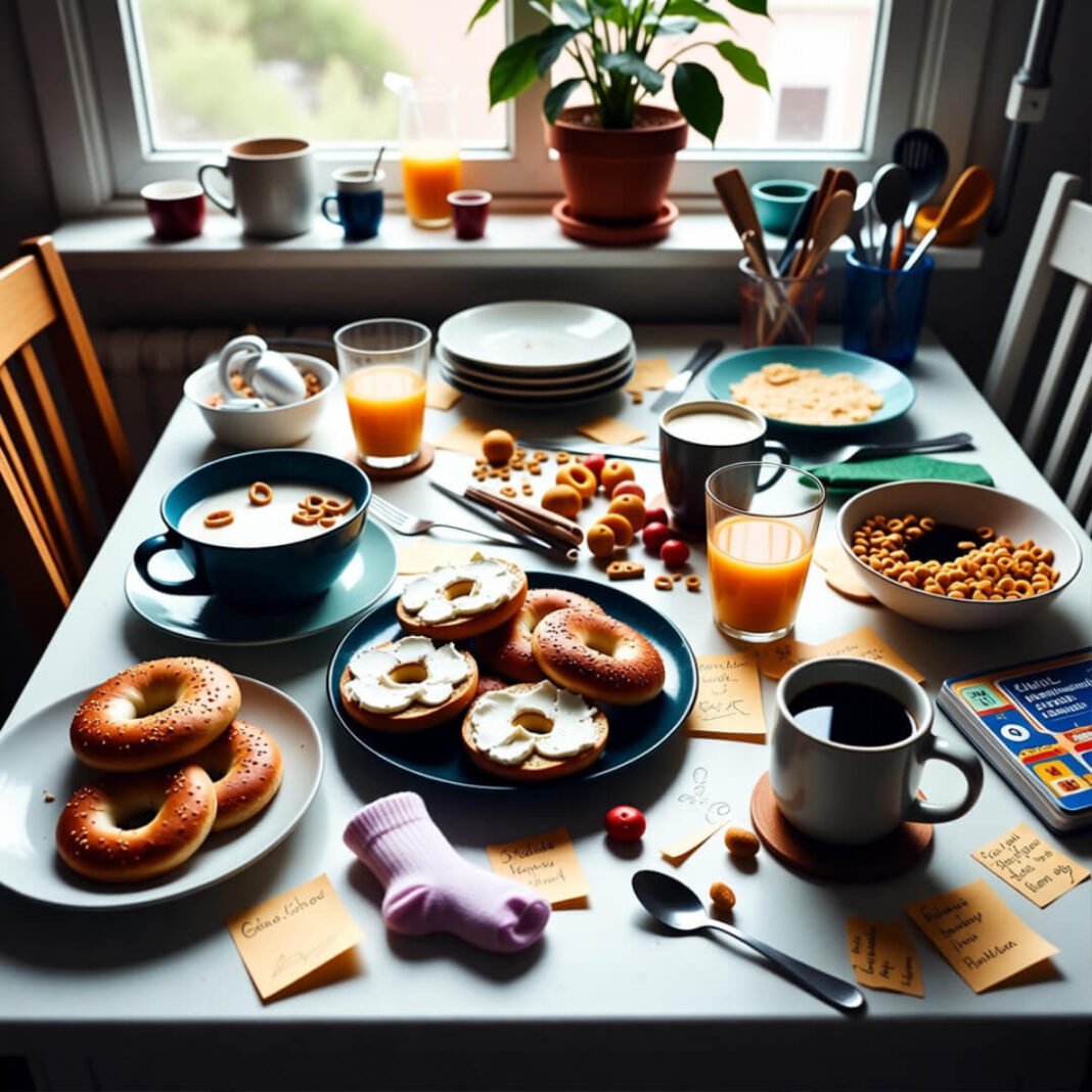 Chaotic breakfast with socked bagel.