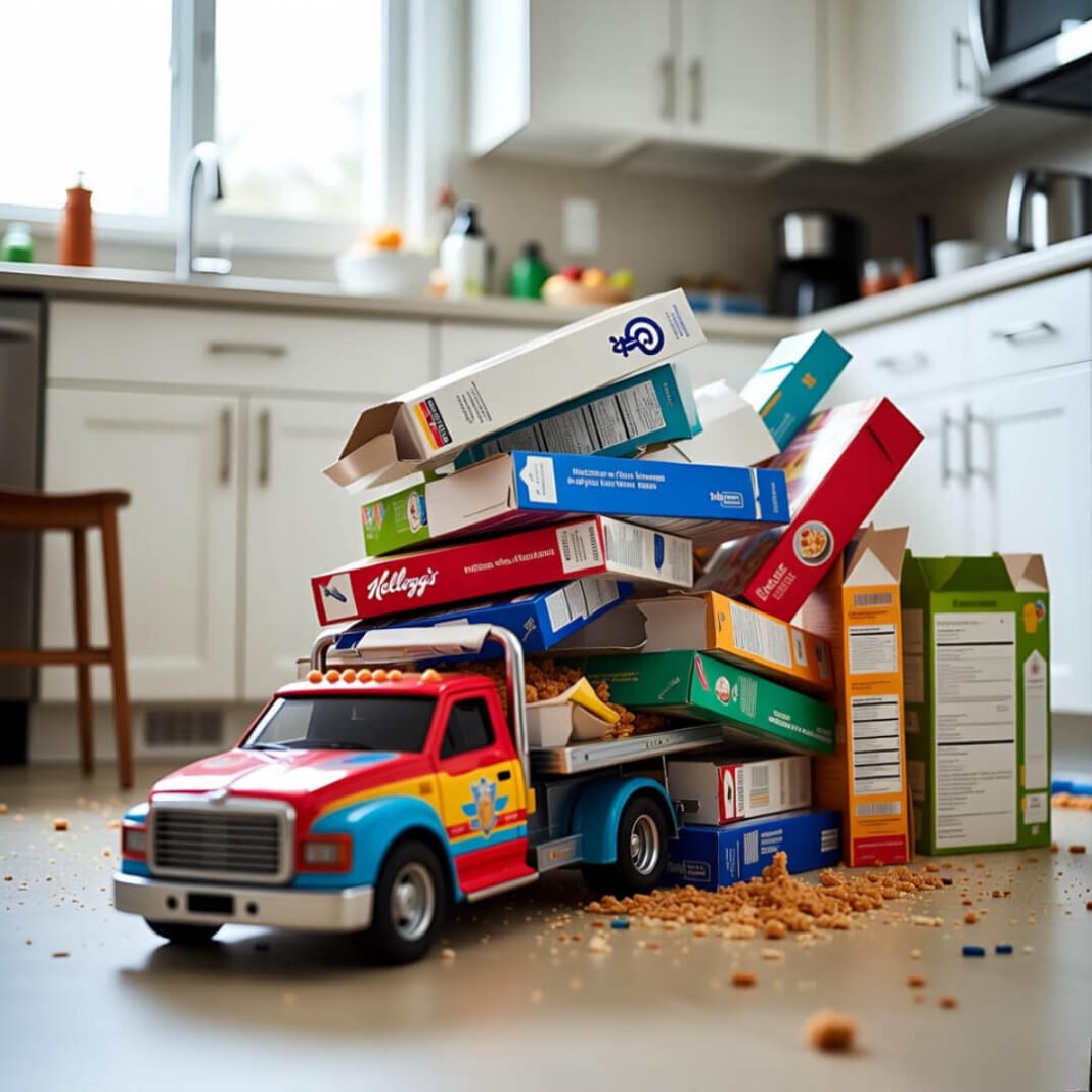 Toy truck crashes cereal tower.