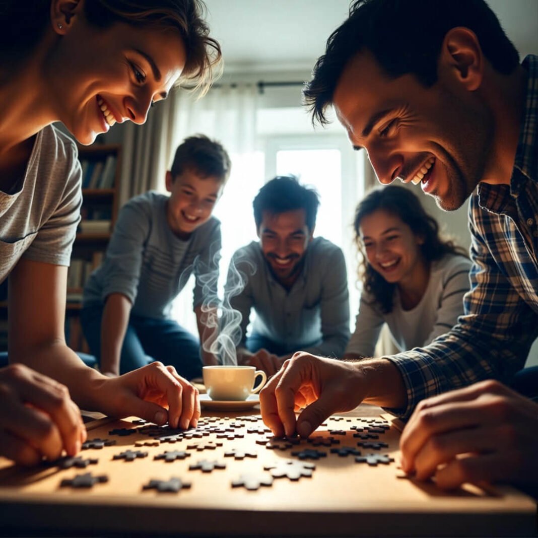 Family puzzle laughter through steam.