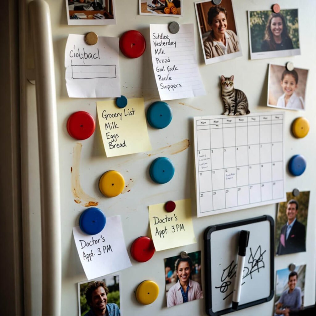 Greasy fridge whiteboard chaos.