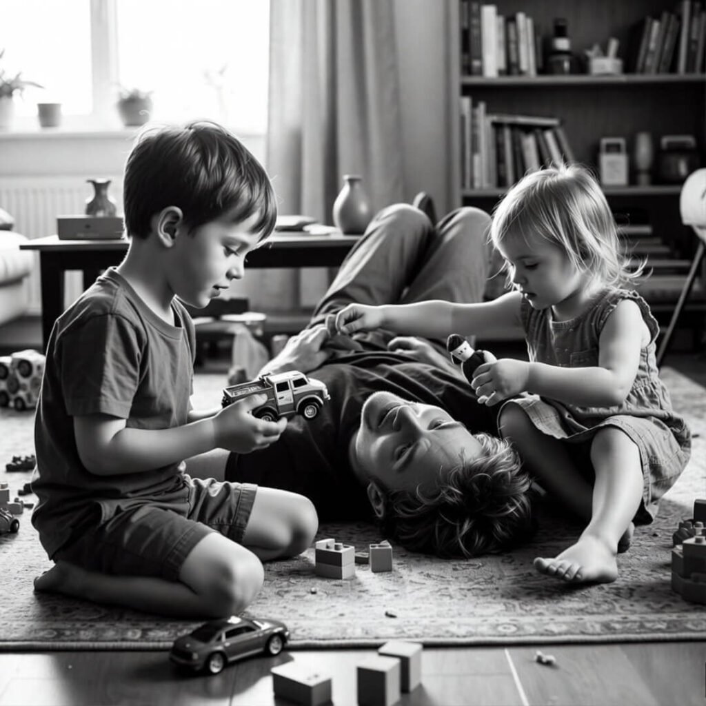 Parent watches kids negotiate toys.