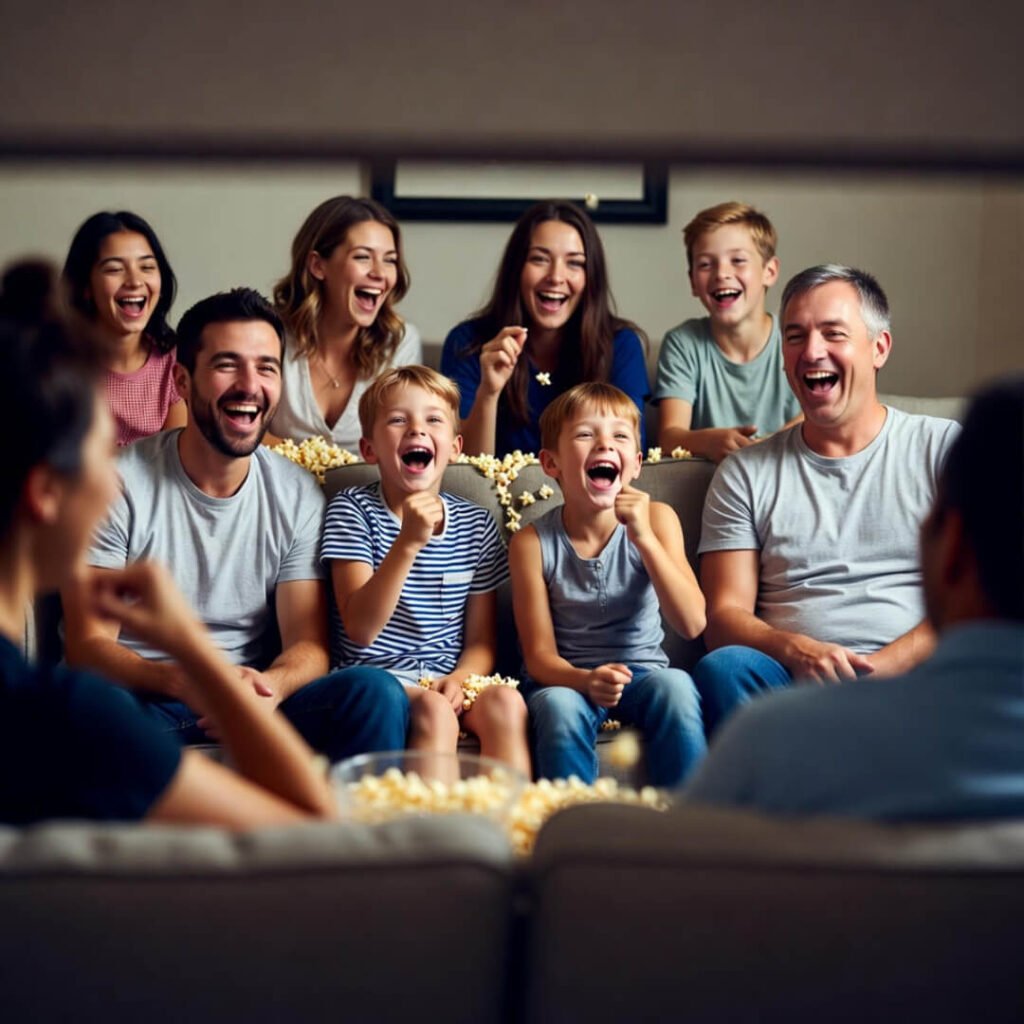 Family laughing over spilled popcorn chaos