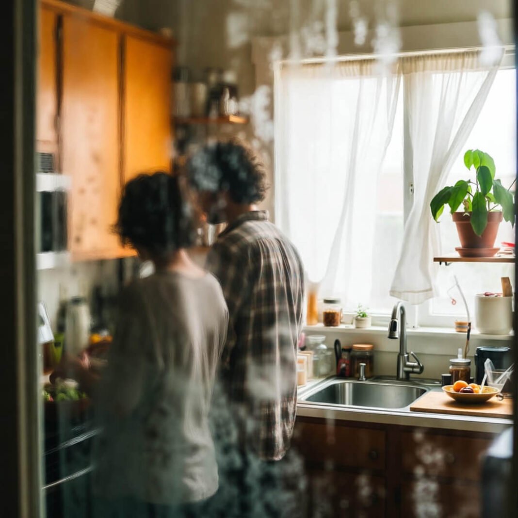 Foggy window family kitchen scene.