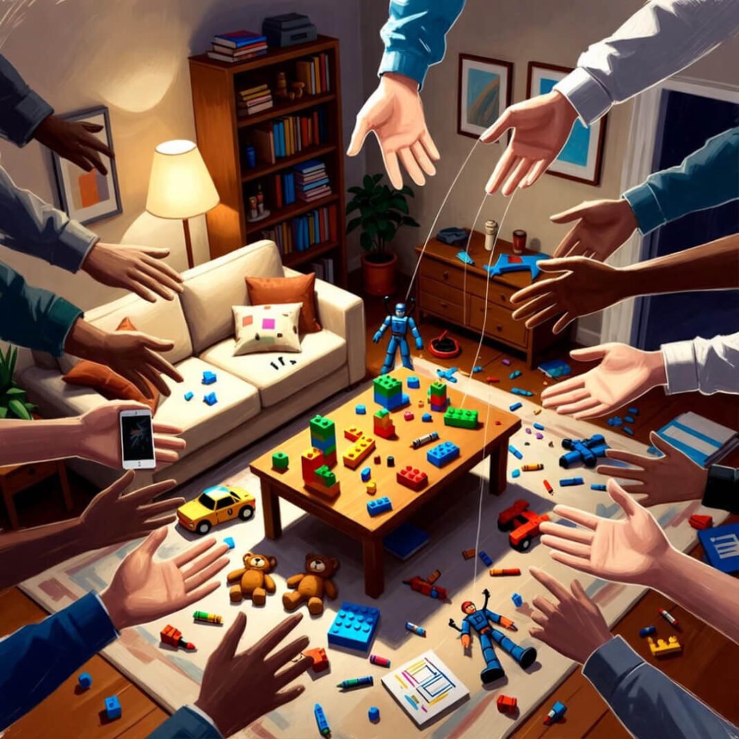 Connected hands over chaotic toy circle