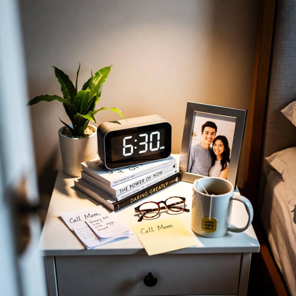 Groggy nightstand morning clutter.