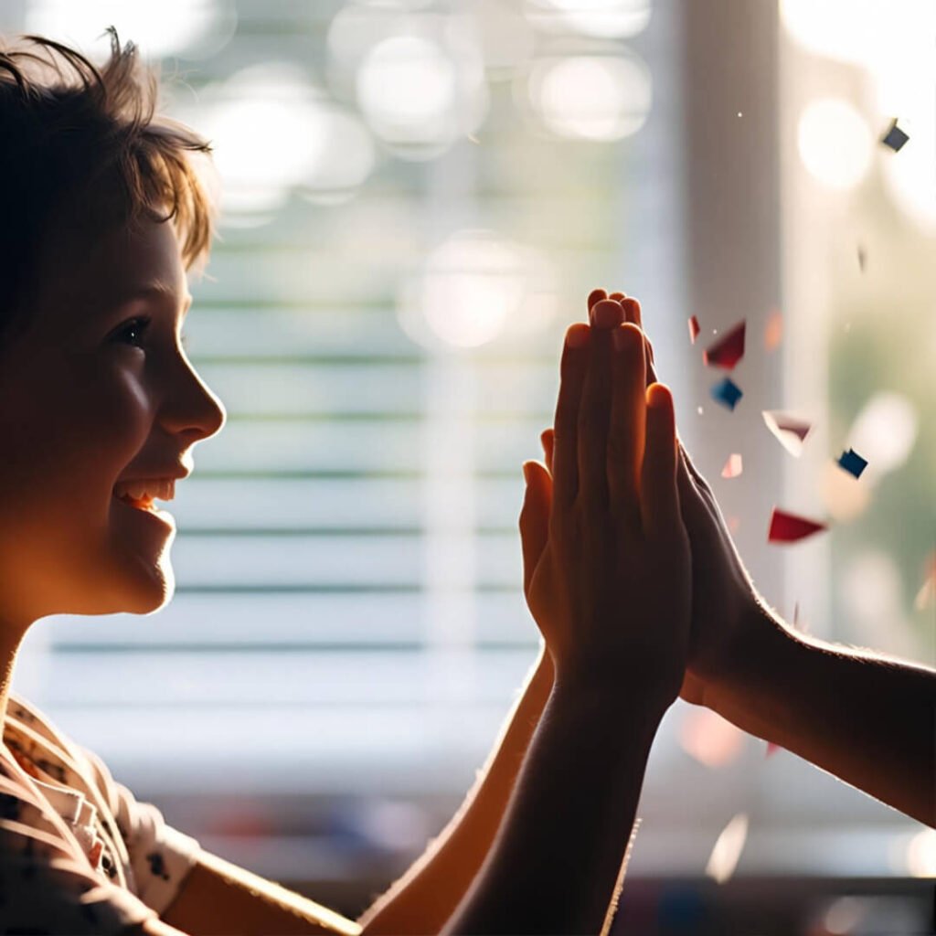 High-five victory with confetti.
