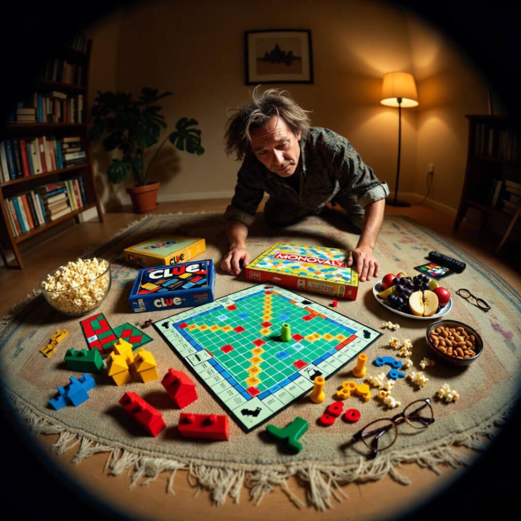 Fish-eye board game rug mess.