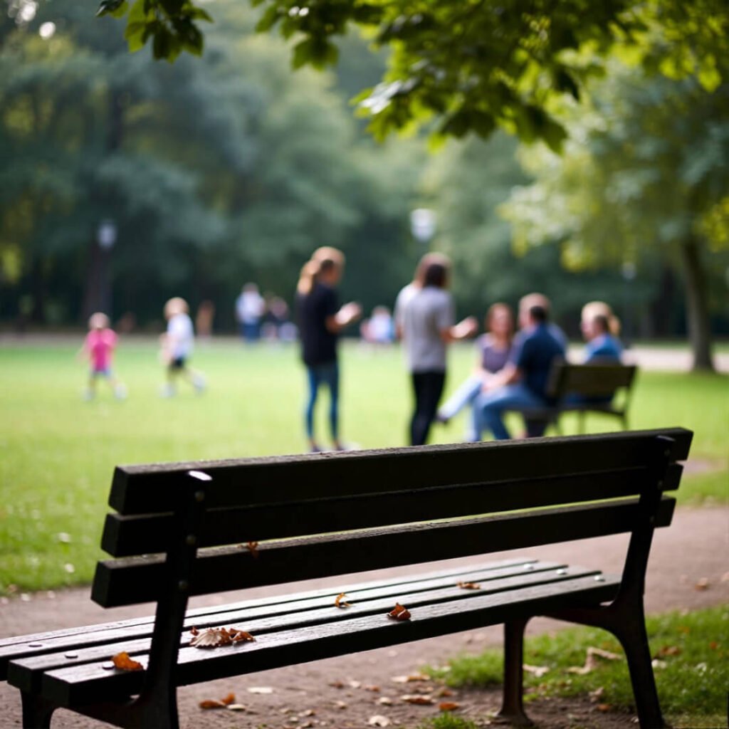 Peeking at park parents from empty bench