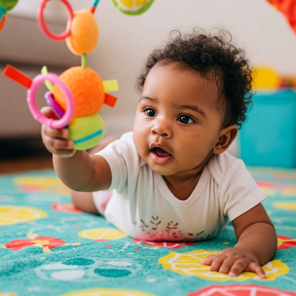 Baby reaching for colorful toy.