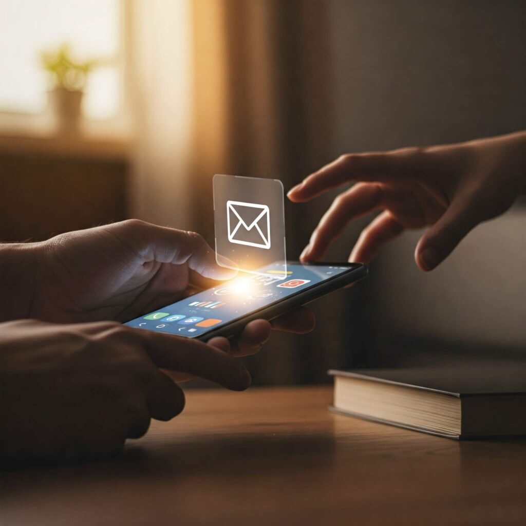 Hands separating from glowing smartphone with work email