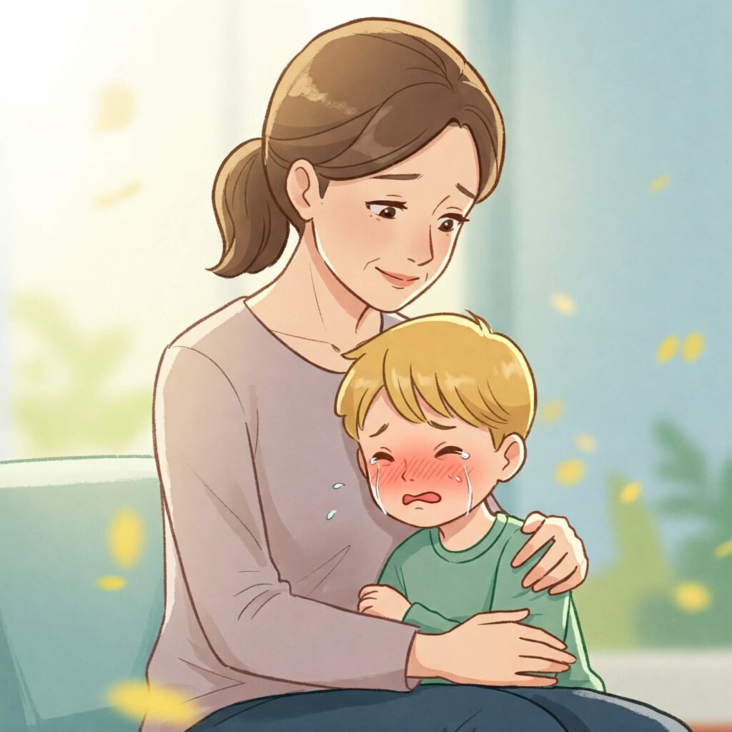 Calm parent comforting crying child.