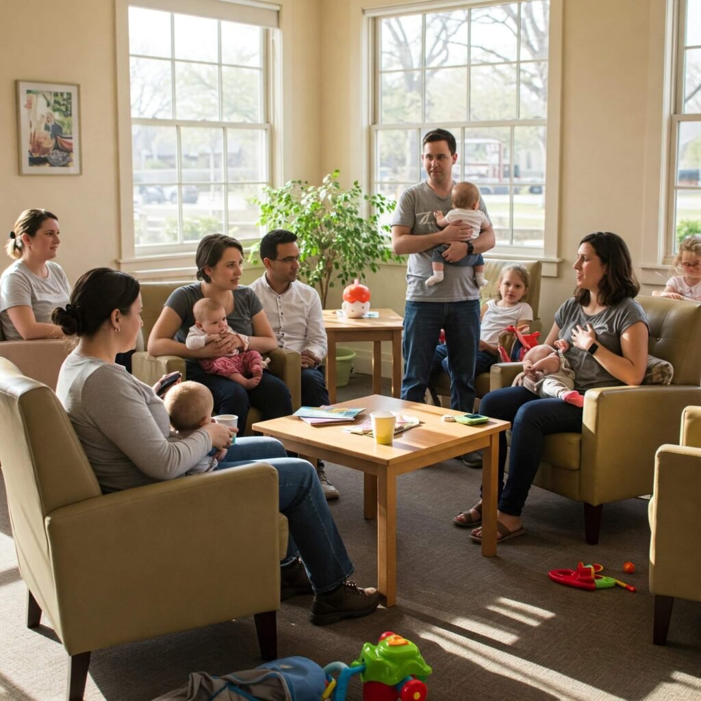 Parents connecting in a bright community center