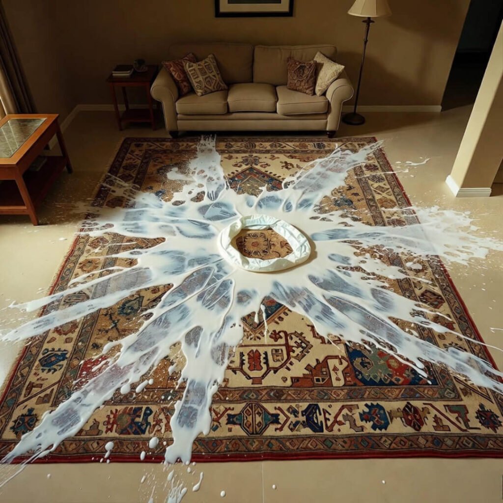 Diaper explosion mess on rug, abstract art.