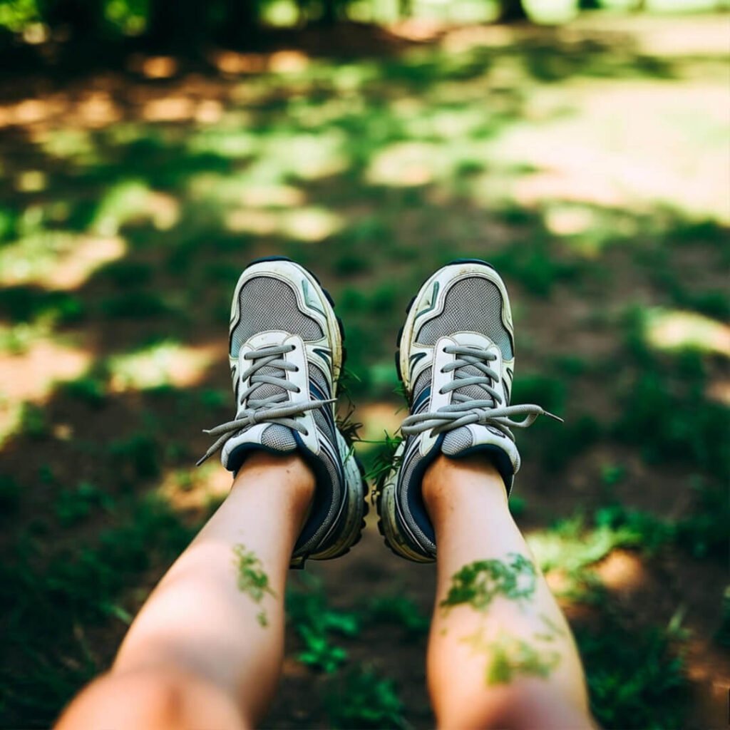 Muddy sneakers and grass-stained knees overhead.