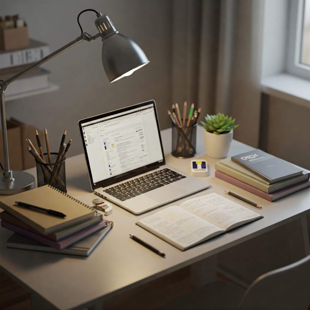 A well-organized study desk with books, notebooks, and a laptop