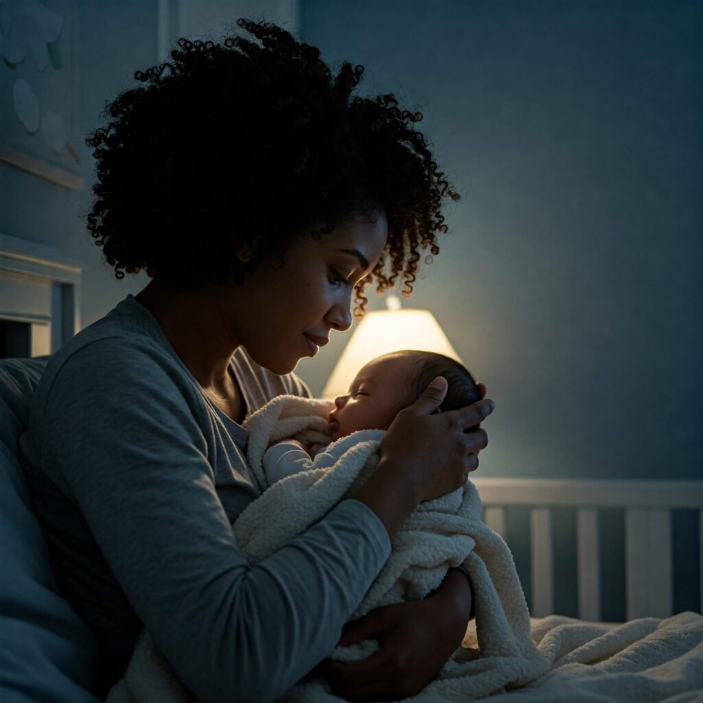 Parent comforting baby at night