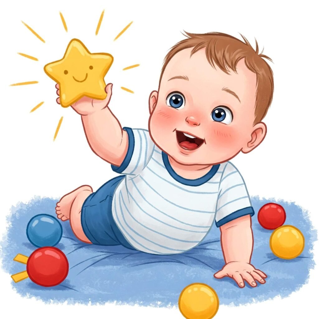 Baby during tummy time reaching for toy