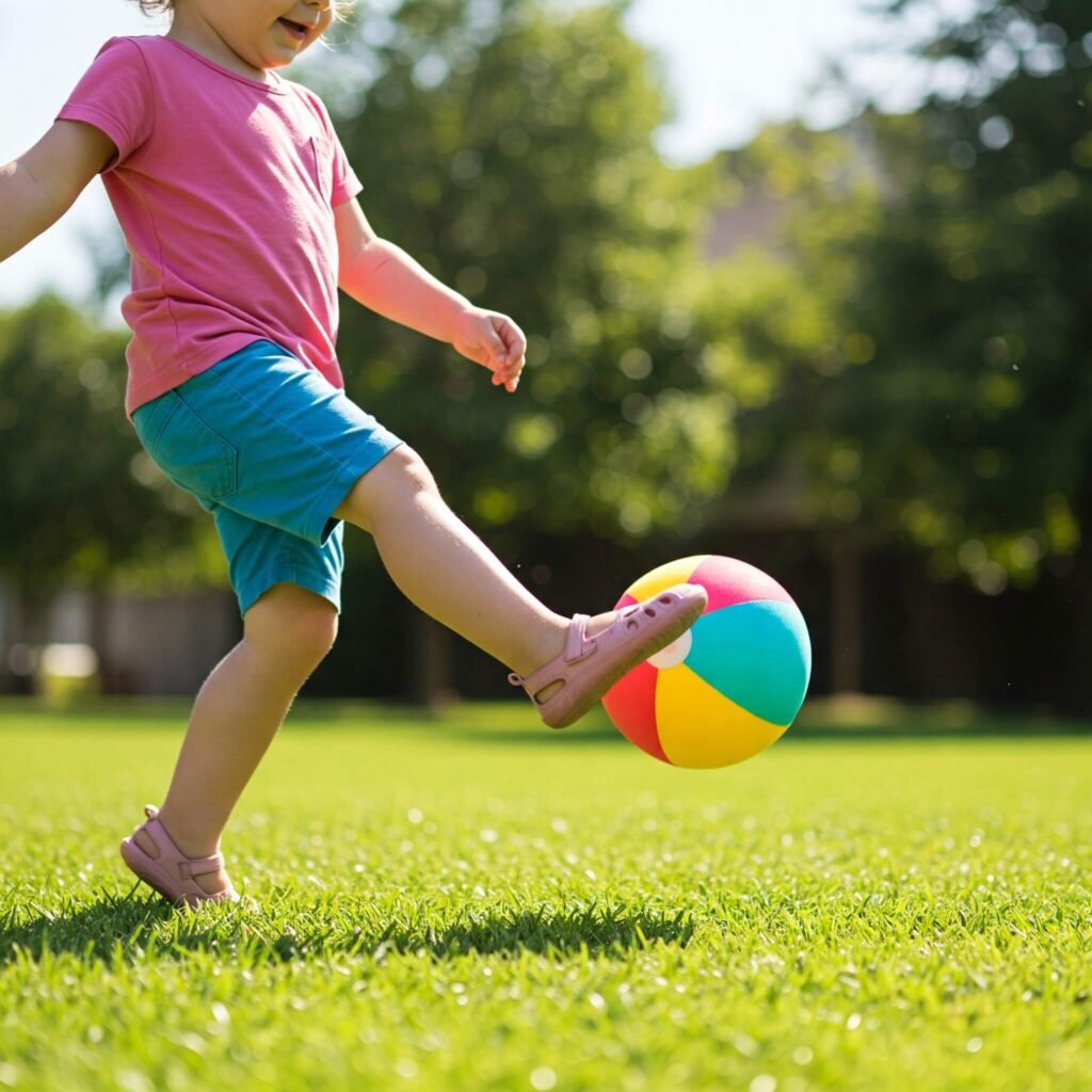 Toddler kicking a ball in the park