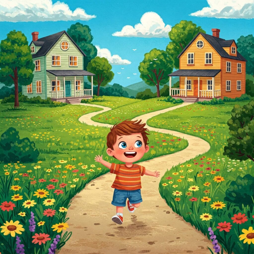 Child happily moving between two homes, symbolizing successful co-parenting