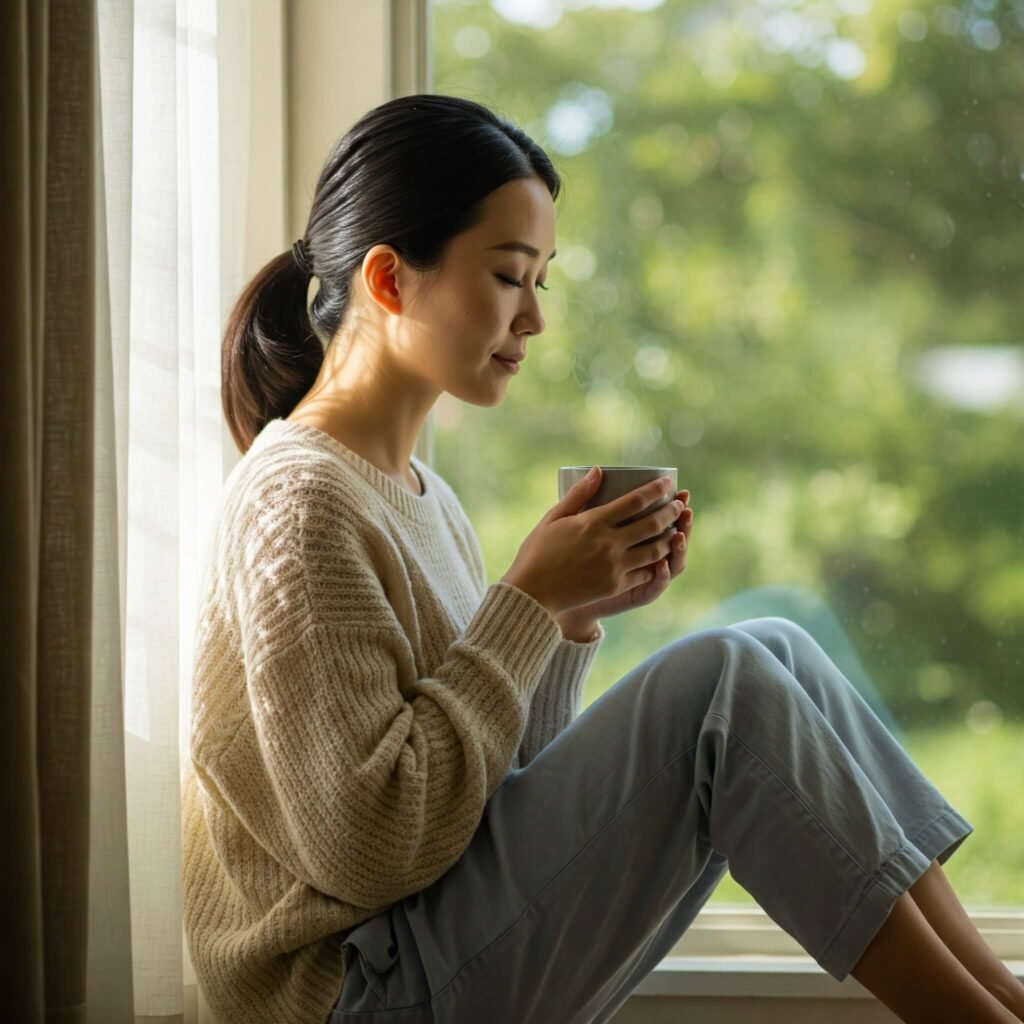Person having self-care moment by window