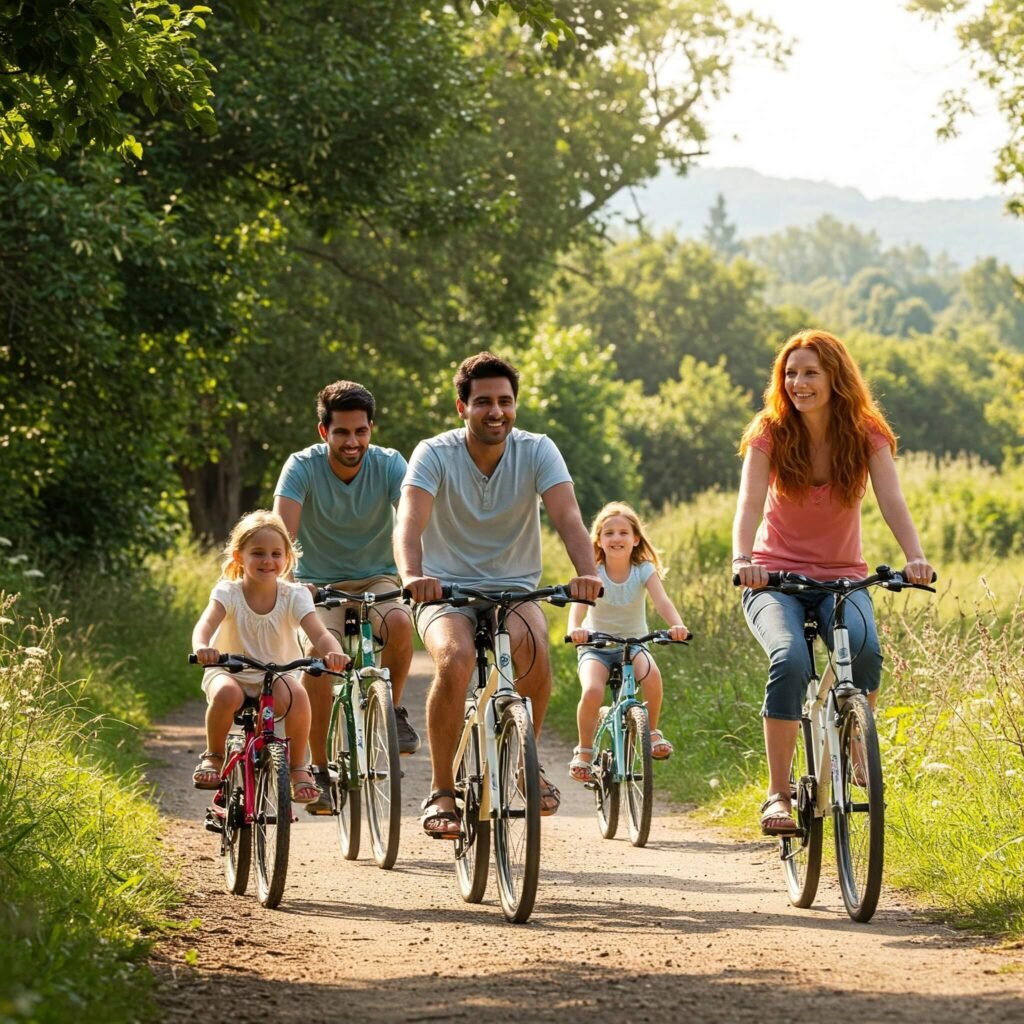 Family biking on a scenic trail