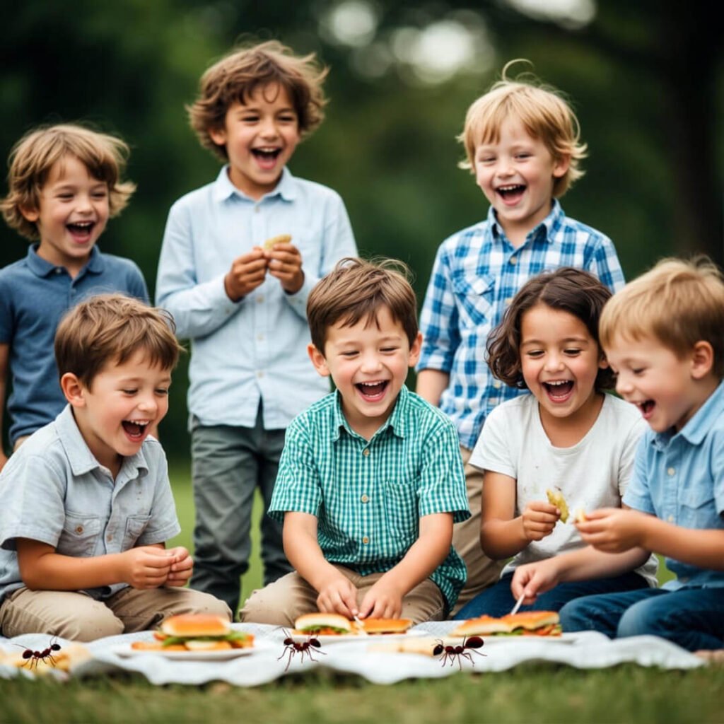 Kids laughing at ant-invaded picnic chaos.
