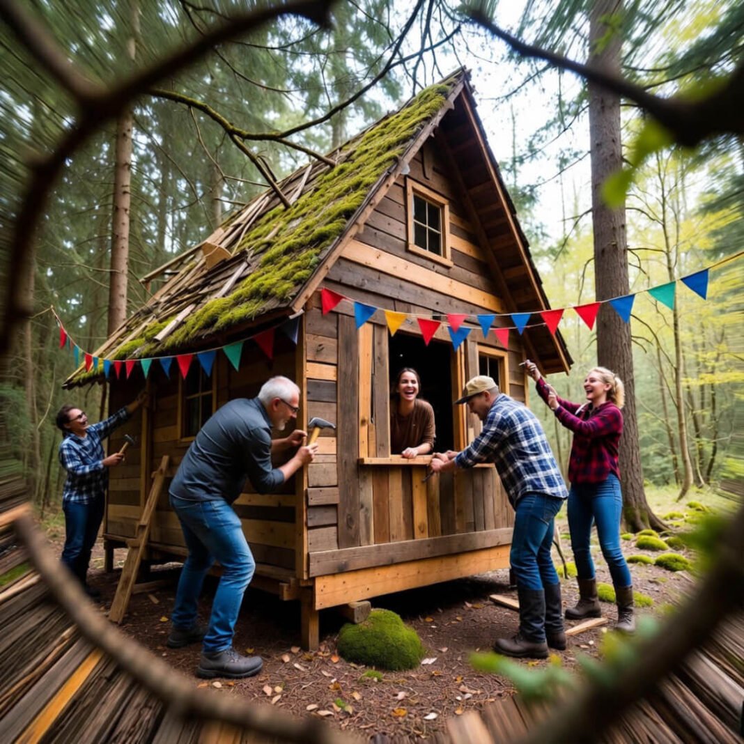 Family building quirky tree fort through branches.