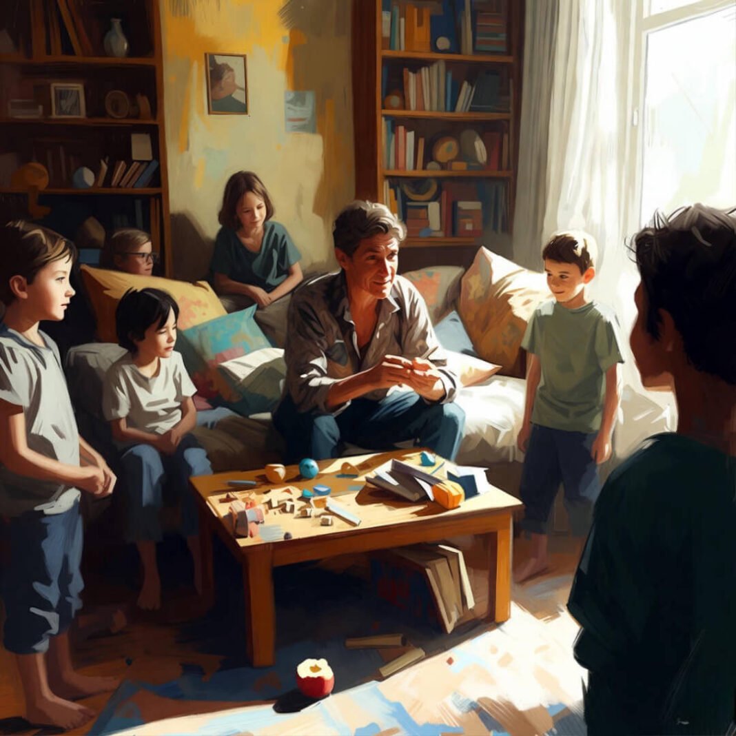 Parent setting calm boundaries in cozy chaos.