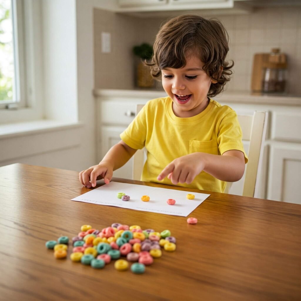 Preschooler counting colorful cereal pieces
