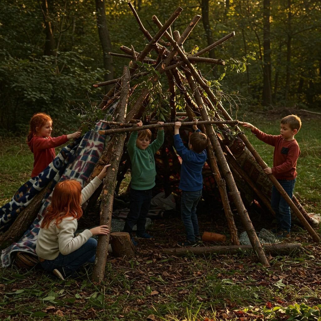 Kids building a fort in nature
