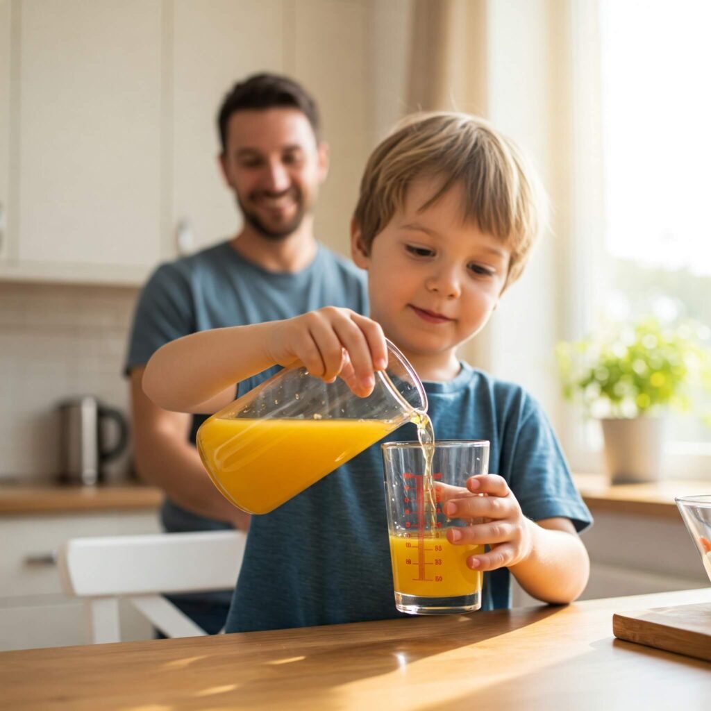 A young boy confidently pours juice