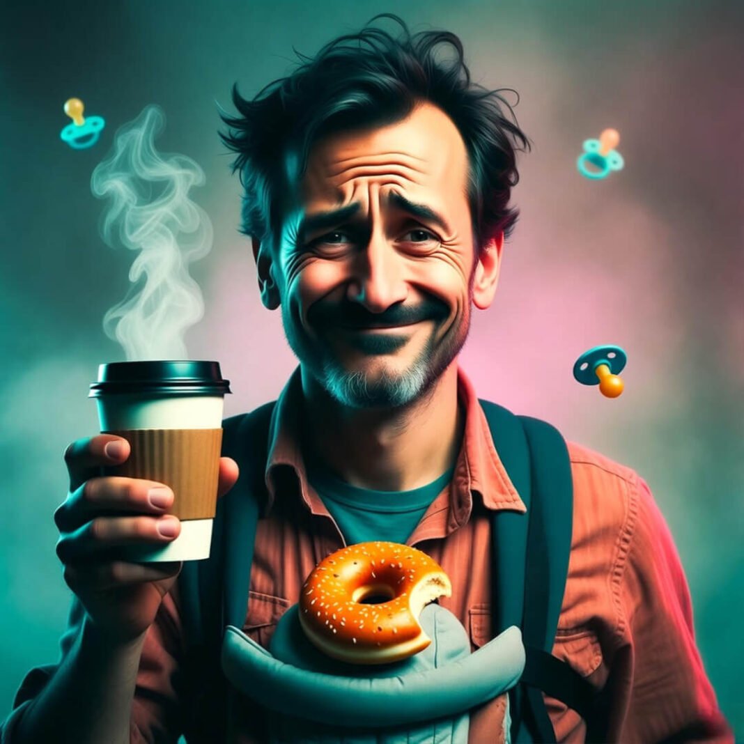 Exhausted dad with donut, coffee, floating pacifiers.