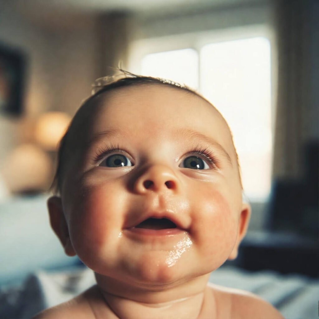 Relieved baby post-burp, soft glow.