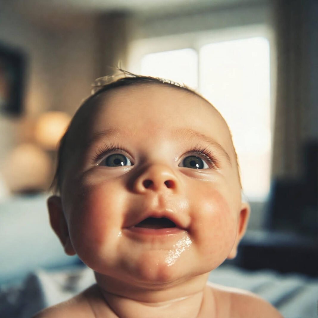 Relieved baby post-burp, soft glow.