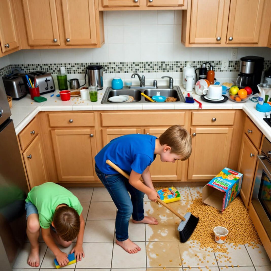 Kids joyfully sweeping spilled cereal in messy kitchen