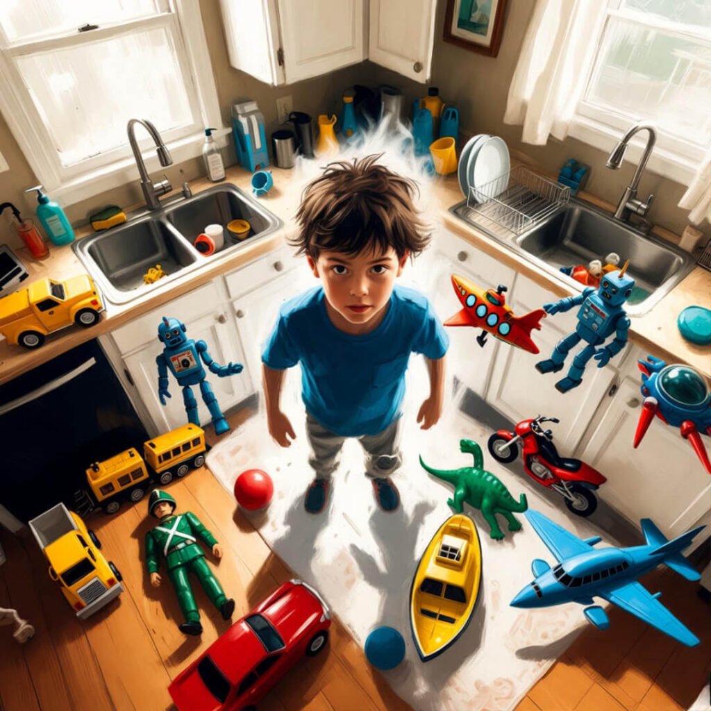 Defiant kid surrounded by toy rebellion overhead.