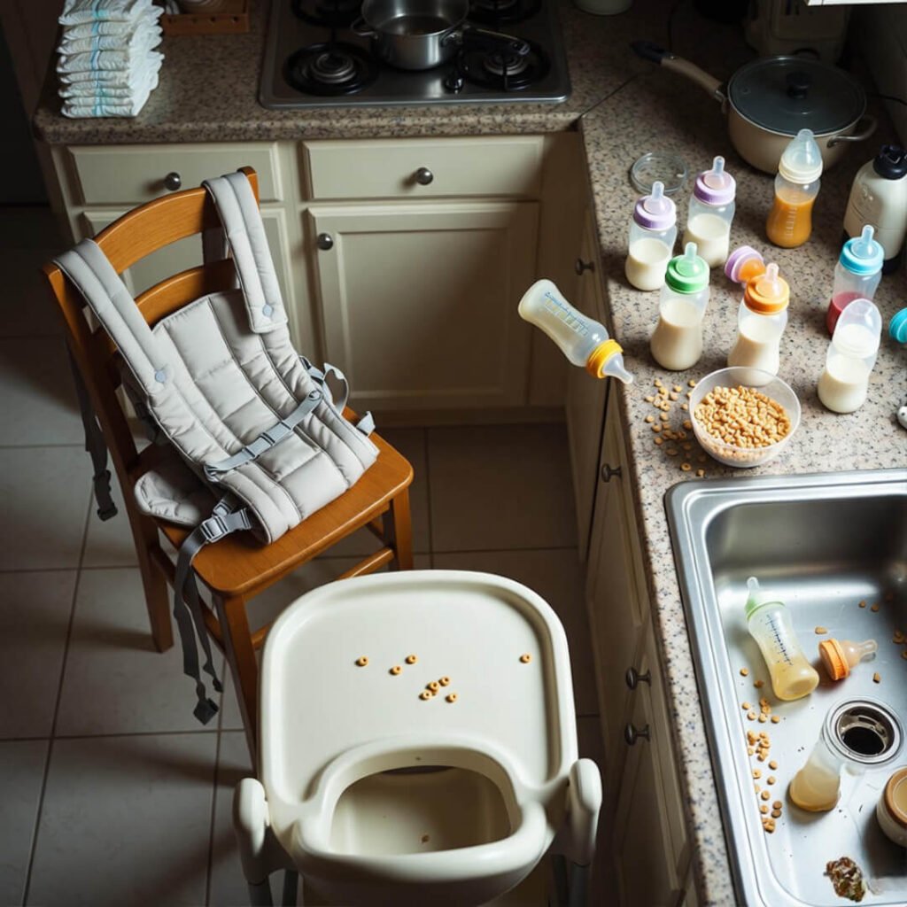 Messy kitchen chaos with carrier, bottles.