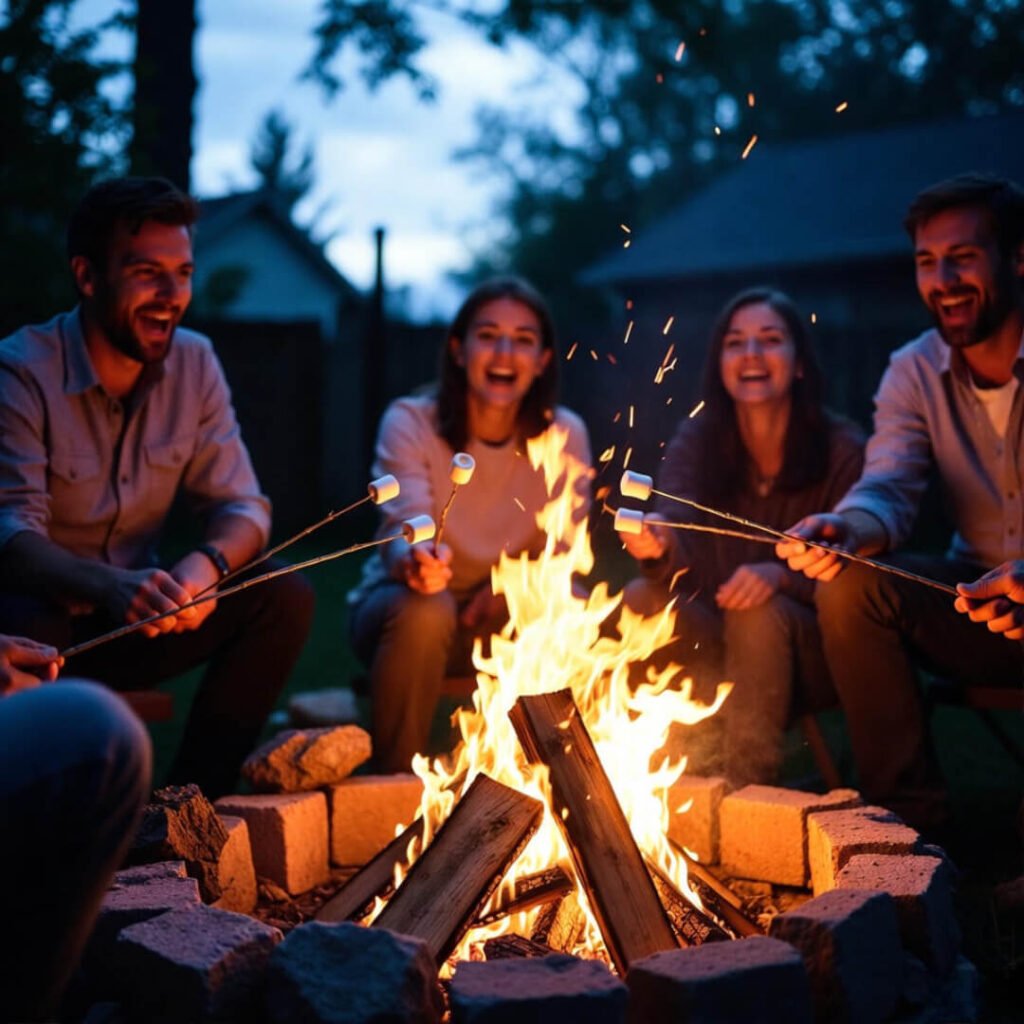 Family roasting marshmallows at chaotic dusk fire.
