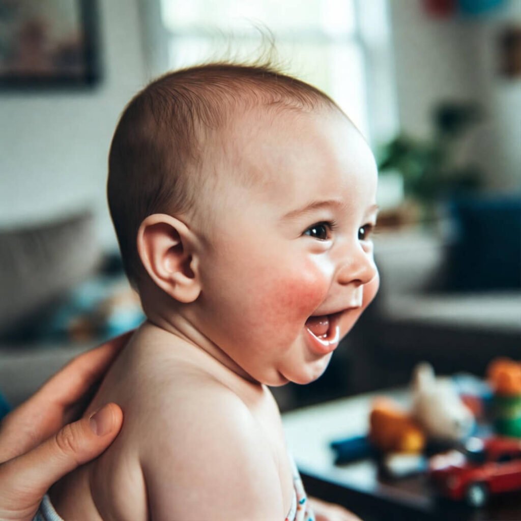 Giggling baby side-profile, toy chaos.